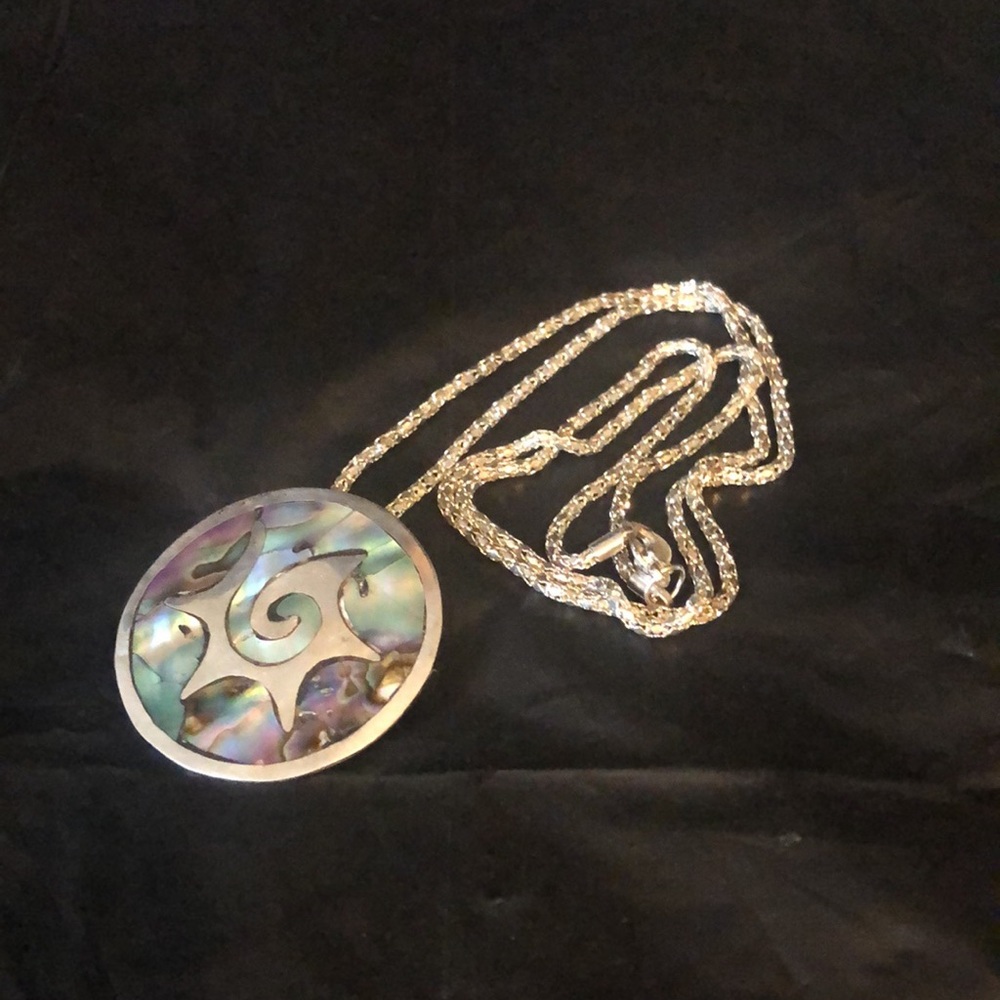 Sterling Mexican Unisex Mother of Pearl Nacre necklace brooch combo - marked